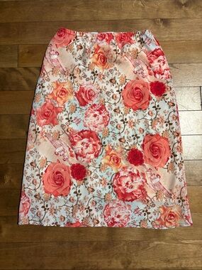 Vintage Coral and Pink Floral Midi Skirt